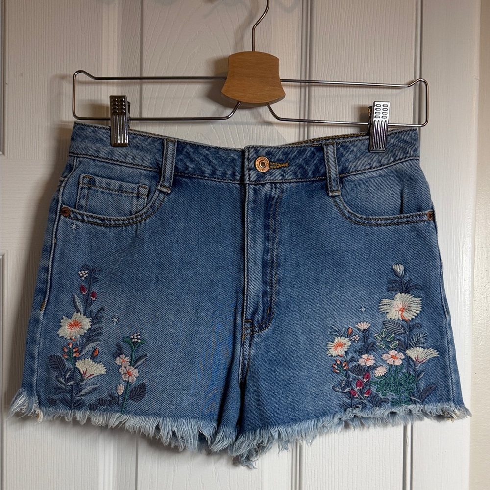 Forever 21 Blue Floral Embroidered High Waist Jean Shorts